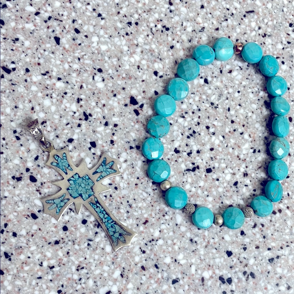 genuine turquoise/sterling silver cross 
AND stretch bracelet